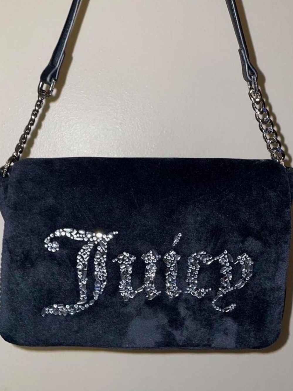 Juicy Couture Black Suede Shoulder Bag with Crystal 'Juicy' Logo